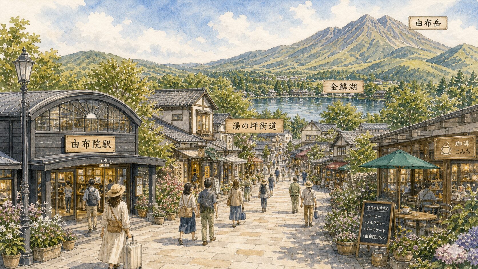 由布院駅の正面入口から湯の坪街道へ進み、街道の先に金鱗湖と由布岳が見える湯布院街歩きの水彩イメージ