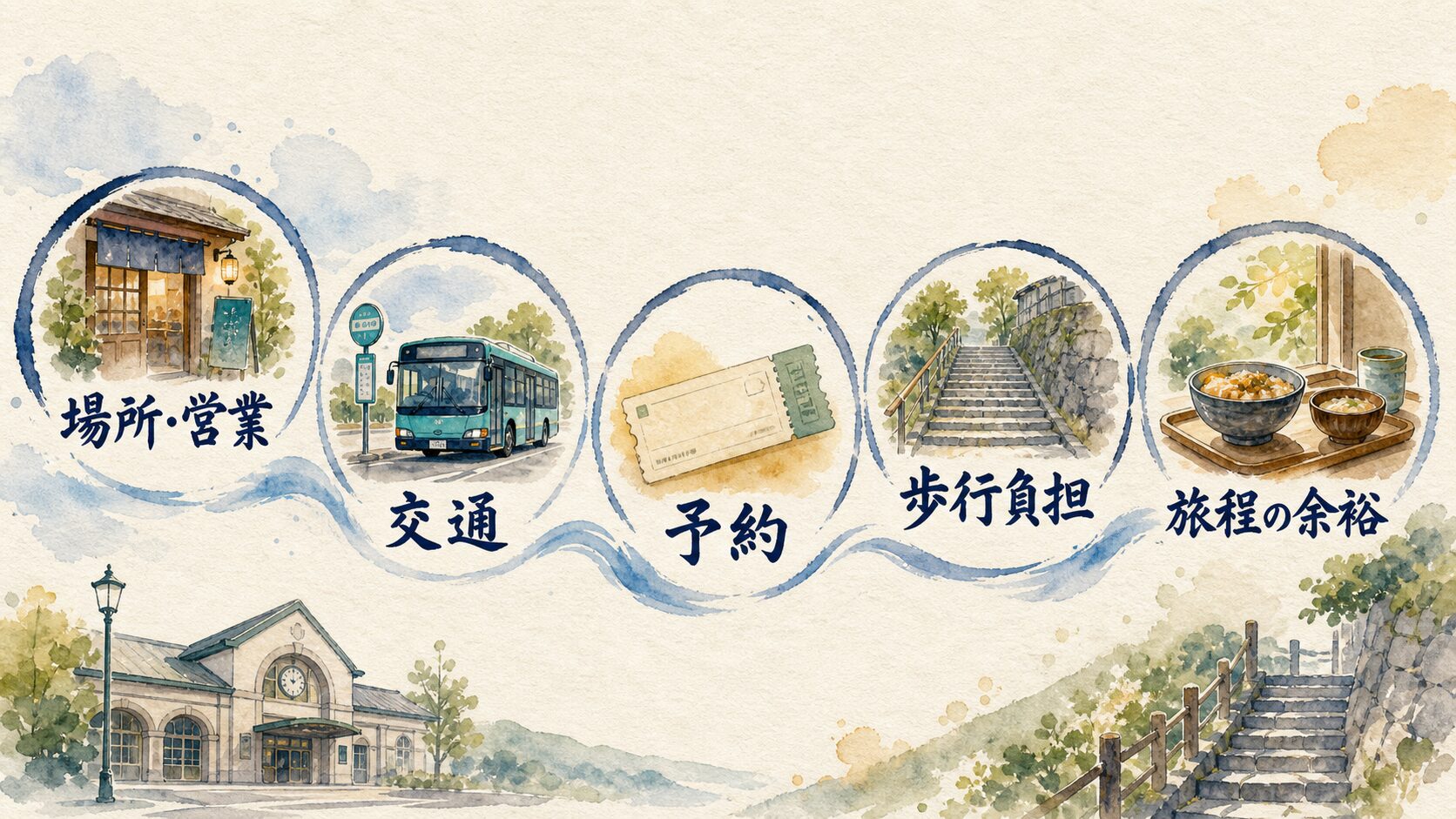 場所と営業、交通、予約、歩行負担、旅程の余裕を示す水彩チェック図