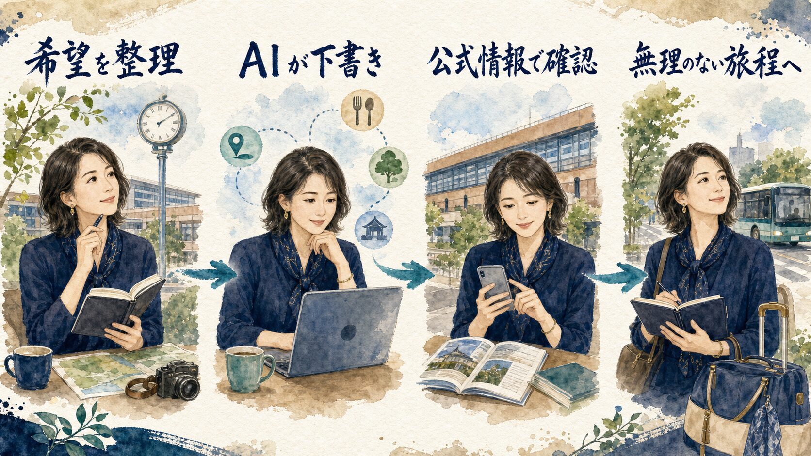 希望整理、AIの下書き、公式確認、無理のない旅程への4段階を示す水彩図解