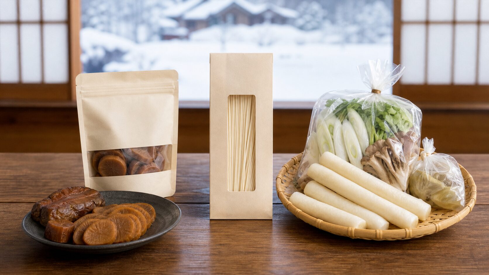 無地包装のいぶりがっこ 稲庭うどん きりたんぽ鍋材料を並べた比較イメージ