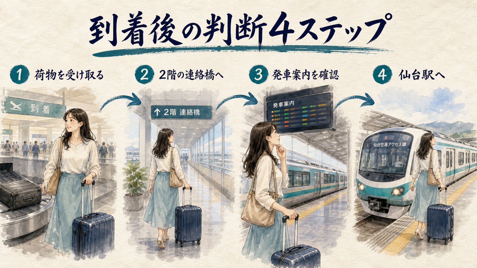 仙台空港で荷物を受け取り2階連絡橋から発車案内を確認して仙台駅へ向かう4ステップの水彩図解