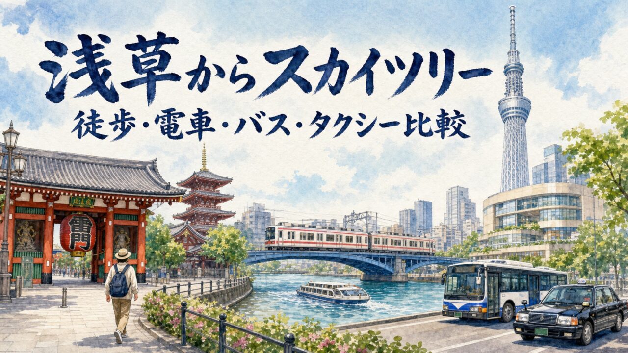 浅草から東京スカイツリーへ徒歩、電車、バス、タクシーで向かう水彩画