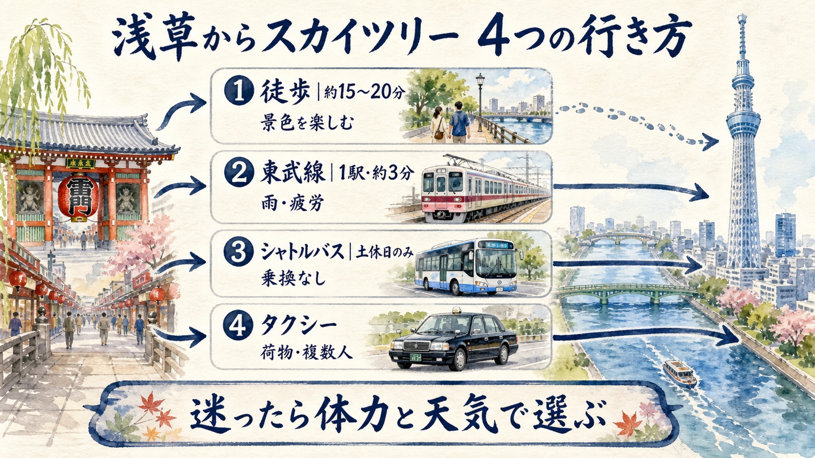 浅草から東京スカイツリーまで徒歩、東武線、シャトルバス、タクシーを比較する水彩インフォグラフィック