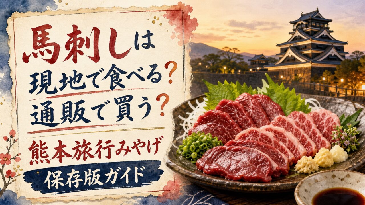 馬刺しは現地で食べるか通販で買うかを比較する年号なし水彩アイキャッチ