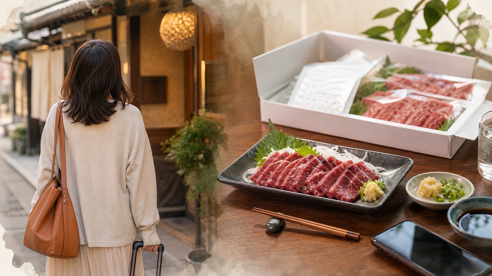 馬刺しを現地で食べるか通販で買うか比較するイメージ