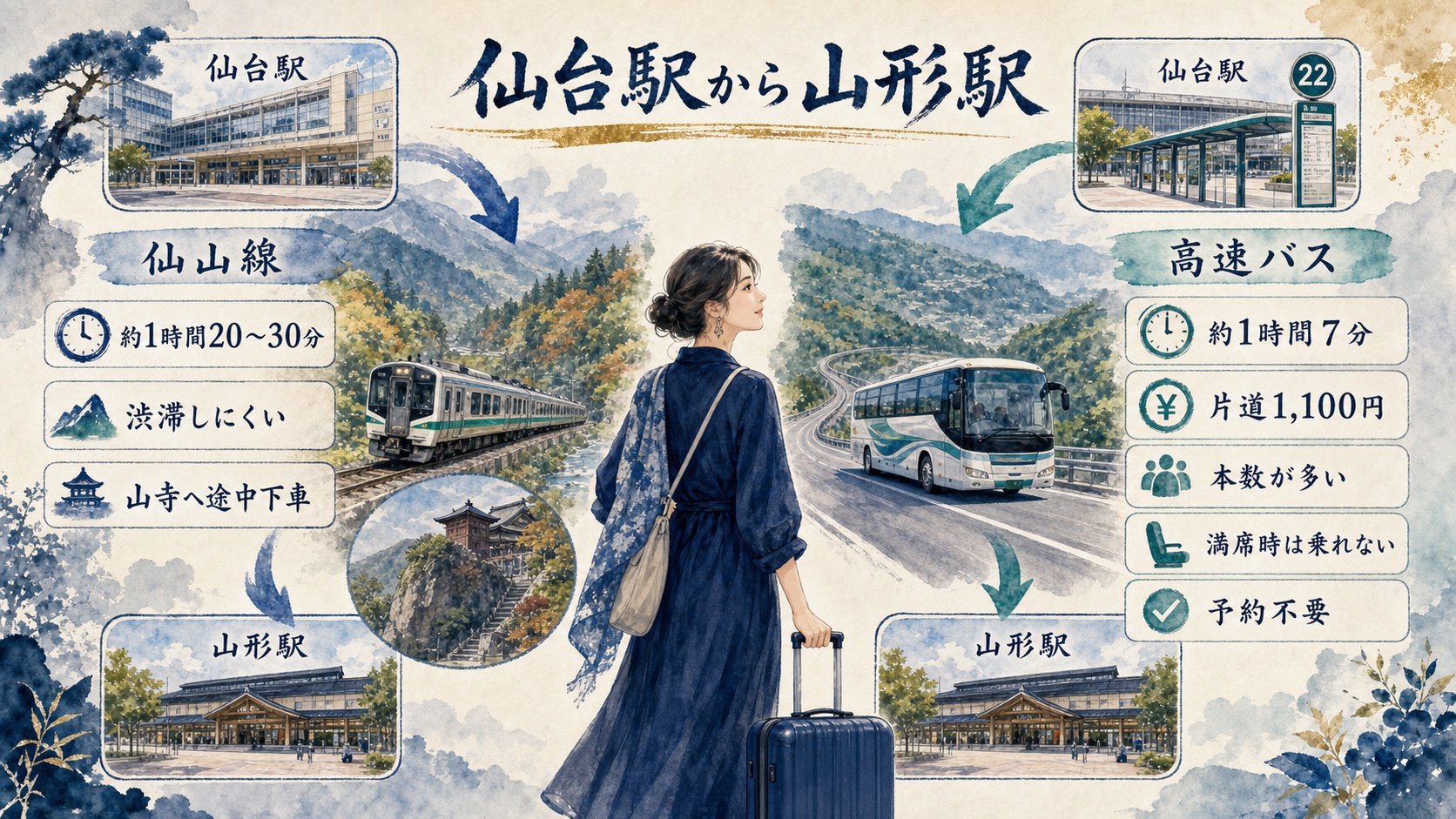 仙台駅から山形駅へ向かう仙山線と高速バスを比較した水彩インフォグラフィック
