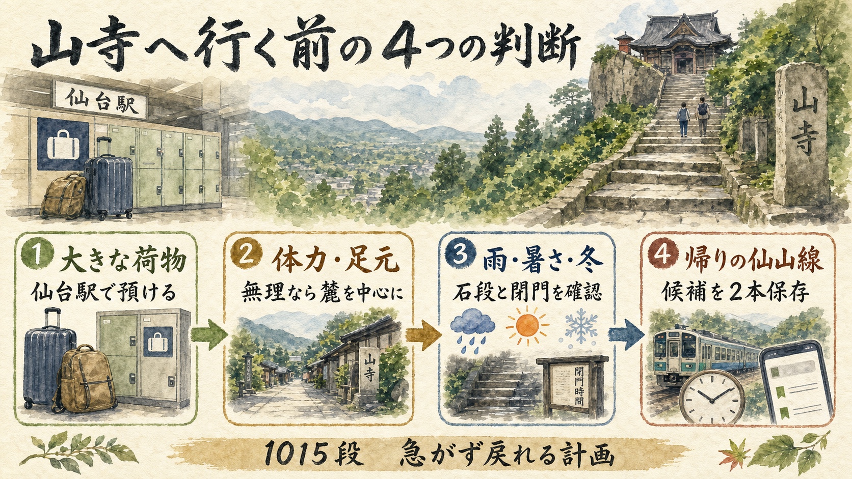 山寺へ行く前に大きな荷物・体力・天候・帰りの仙山線を確認する水彩インフォグラフィック