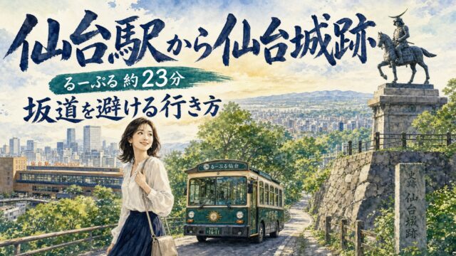 仙台駅からるーぷる仙台で仙台城跡へ向かう大人の女性旅行者の水彩画