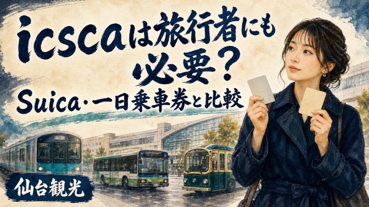 icscaは仙台旅行に必要？Suica・一日乗車券との選び方を表現した仙台旅行の水彩画