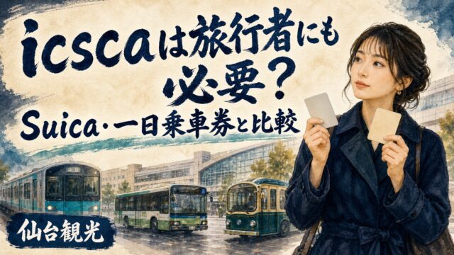 icscaは仙台旅行に必要？Suica・一日乗車券との選び方を表現した仙台旅行の水彩画
