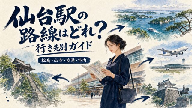 仙台駅の路線はどれ？松島・山寺・空港・市内観光の行き先別ガイドを表現した仙台旅行の水彩画