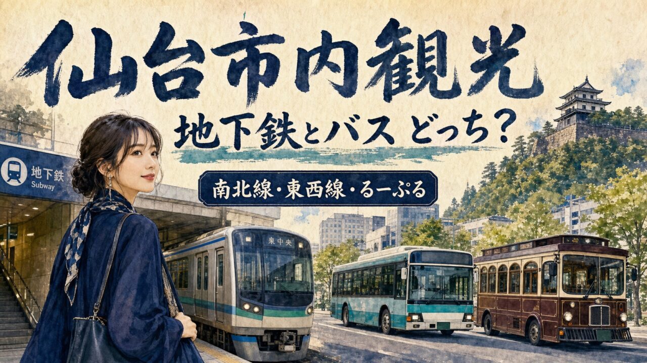 仙台市内観光は地下鉄とバスどっち？南北線・東西線・るーぷるを比較を表現した仙台旅行の水彩画