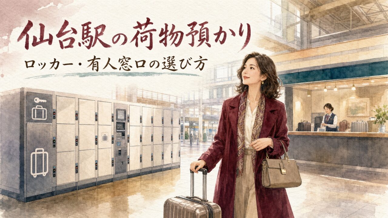 仙台駅のコインロッカーと有人荷物預かりを選ぶ大人の女性旅行者の水彩画