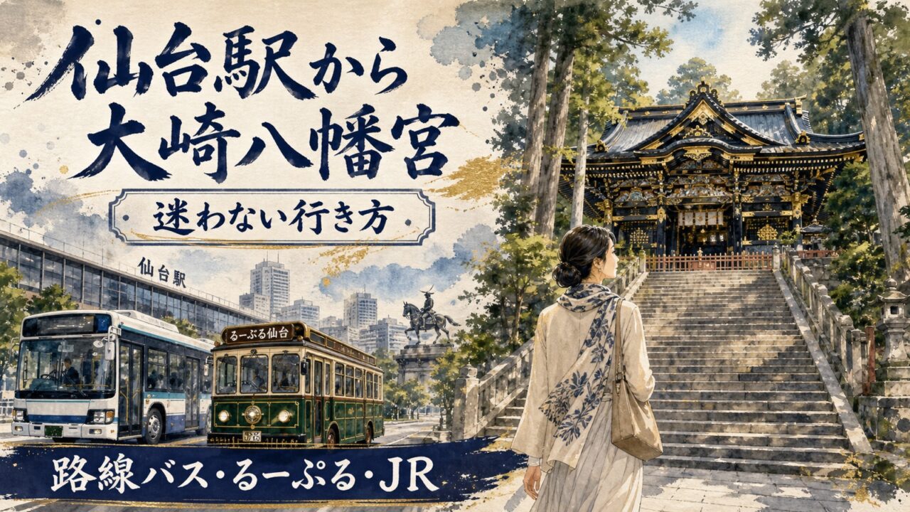 仙台駅から路線バスで大崎八幡宮へ向かう大人の女性旅行者の水彩画