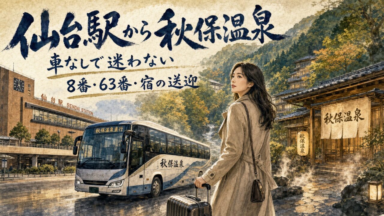仙台駅からバスで秋保温泉へ向かう上品な大人の女性旅行者の水彩画