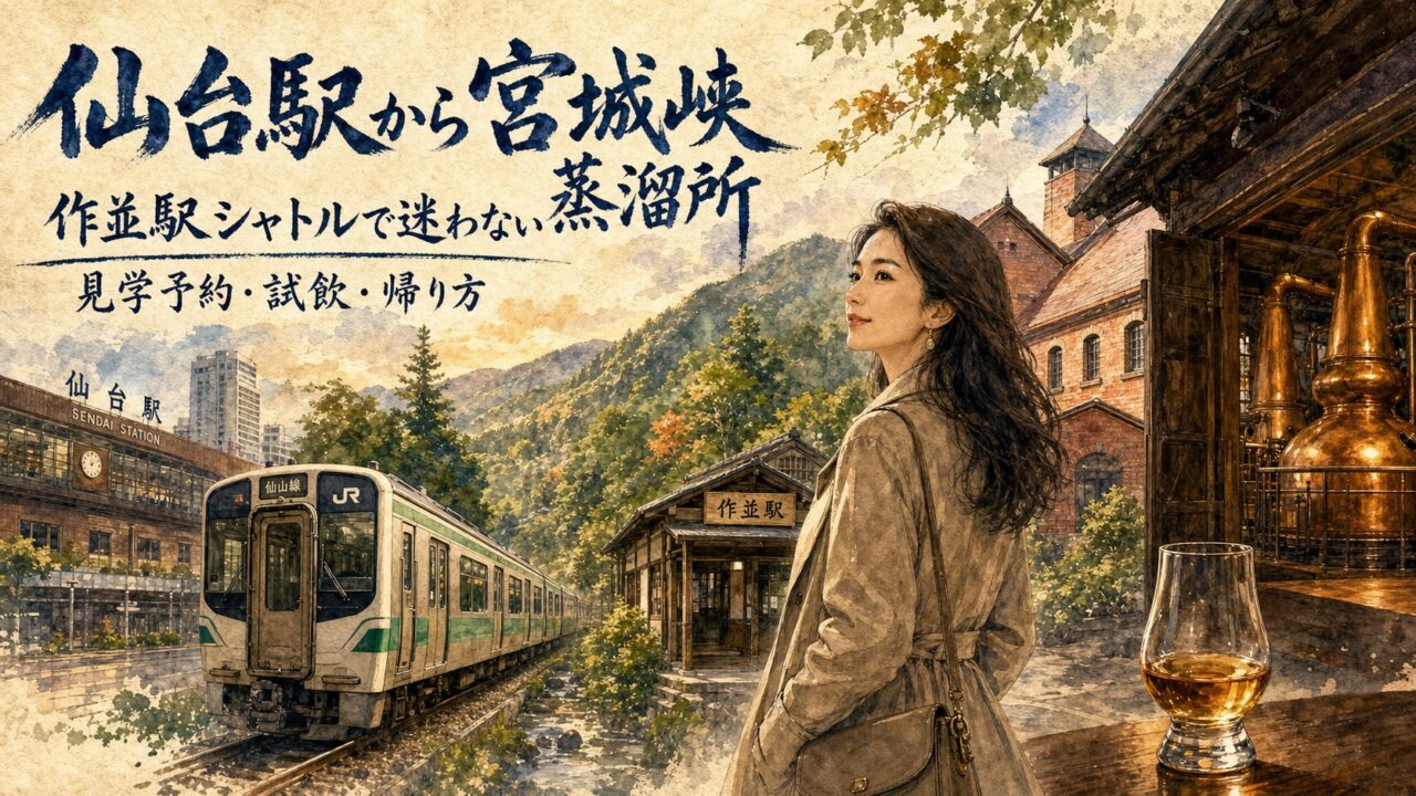 仙台駅から仙山線で宮城峡蒸溜所へ向かう上品な大人の女性旅行者の水彩画