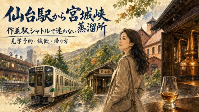 仙台駅から仙山線で宮城峡蒸溜所へ向かう上品な大人の女性旅行者の水彩画