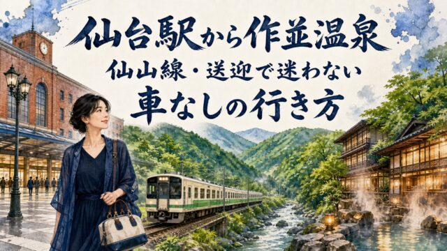 仙台駅から仙山線で作並温泉へ向かう上品な大人の女性旅行者の水彩画