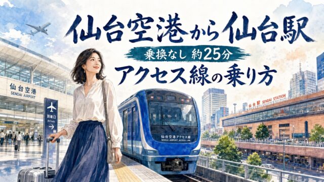 仙台空港からアクセス線で仙台駅へ向かう大人の女性旅行者の水彩画