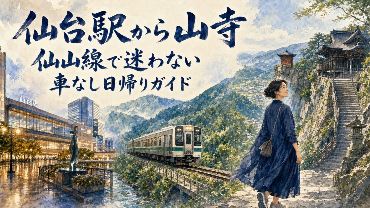 仙台駅から仙山線で山寺へ向かう上品な大人の女性旅行者の水彩画