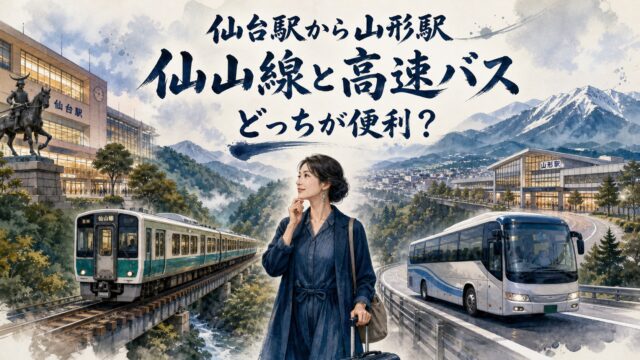 仙台駅から山形駅へ向かう仙山線と高速バスを比べる大人の女性旅行者の水彩画