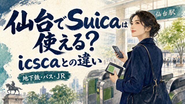 仙台でSuicaは使える？地下鉄・バス・JR・空港の対応範囲を表現した仙台旅行の水彩画