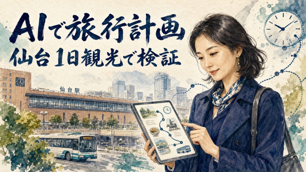 仙台駅前でAIの旅行計画を確認する大人の女性を描いた水彩アイキャッチ