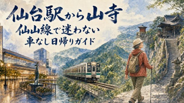 帽子と赤い上着の女性旅行者が仙山線で山寺へ向かう水彩画