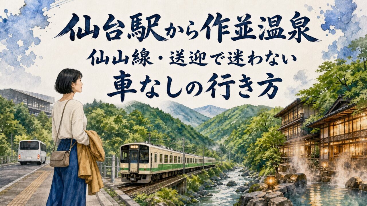 短い髪の女性旅行者が仙山線と送迎で作並温泉へ向かう水彩画