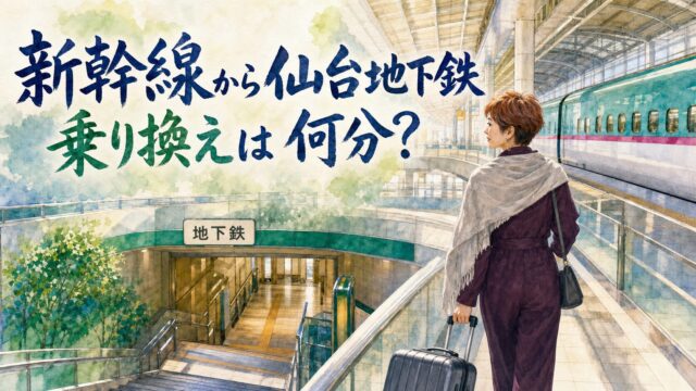 赤い短髪の女性旅行者が新幹線ホームから地下鉄案内へ向かう水彩画