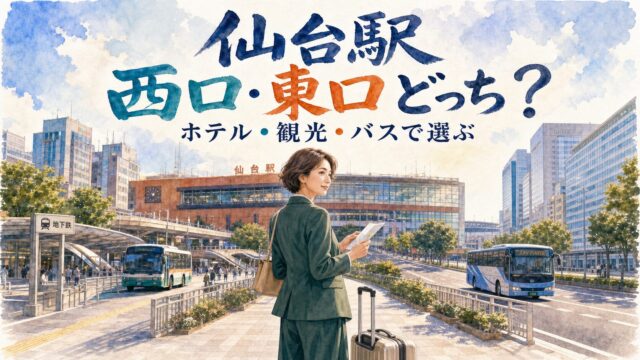仙台駅の西口と東口を地図で確認する短い栗色の髪の旅行者