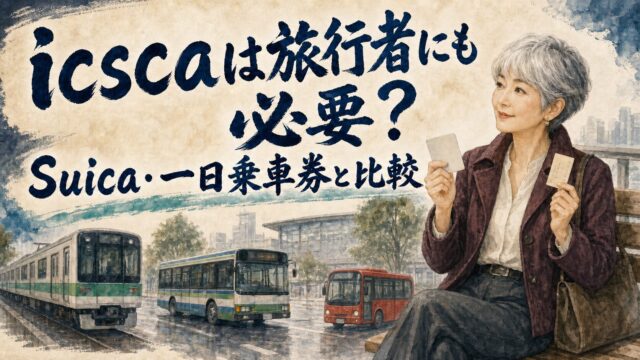 シルバーヘアの旅行者が交通系ICカードと一日乗車券を比べる水彩画
