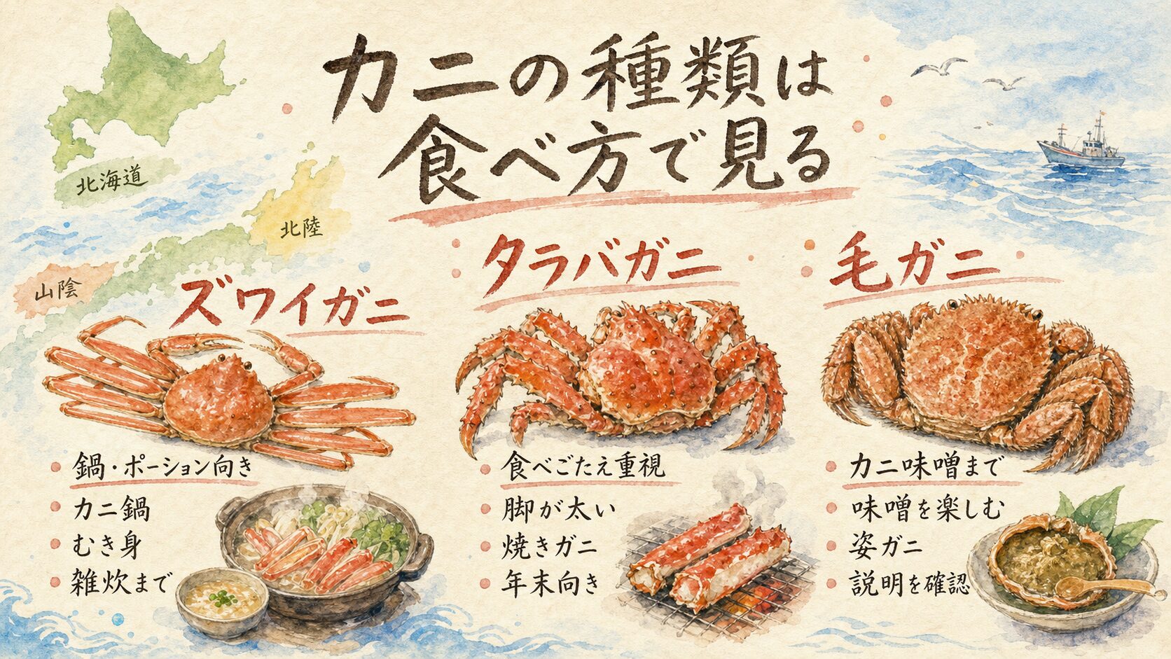 ズワイガニ タラバガニ 毛ガニの選び方を水彩でまとめた図解