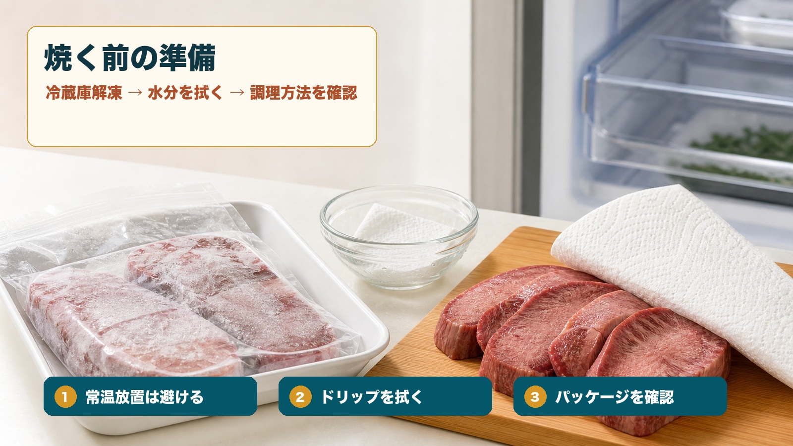 冷凍牛タンの解凍と水分を拭く下準備