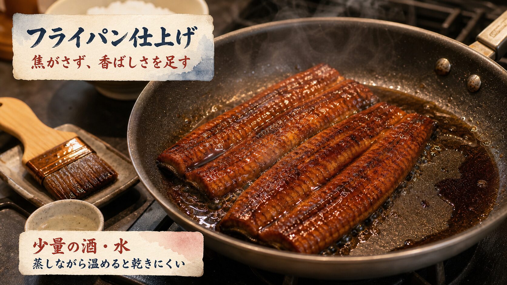 冷凍うなぎをフライパンで温める水彩文字入りイメージ