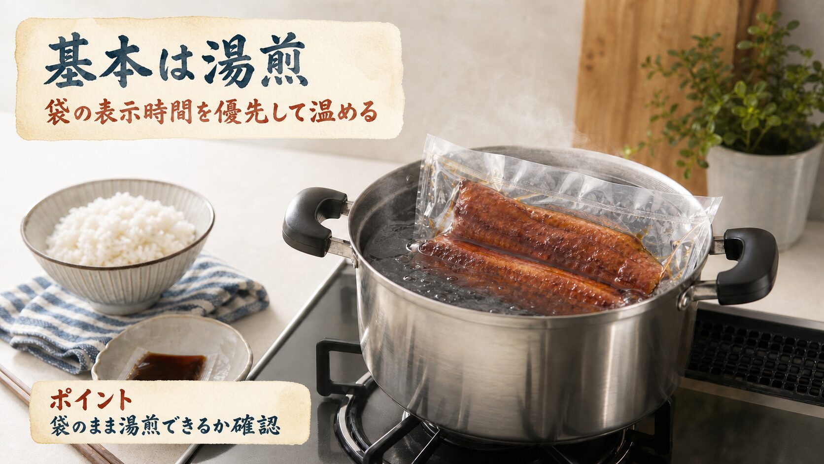 冷凍うなぎを袋のまま湯煎する水彩文字入りイメージ