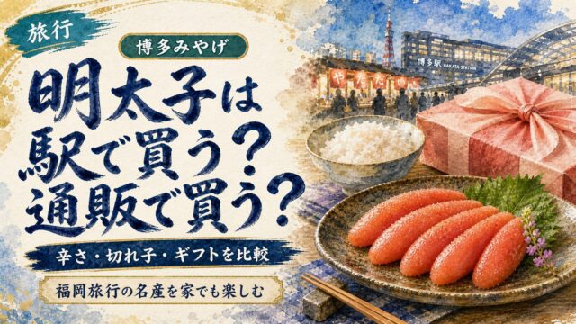 博多明太子を駅で買うか通販で買うか比較する筆文字水彩アイキャッチ