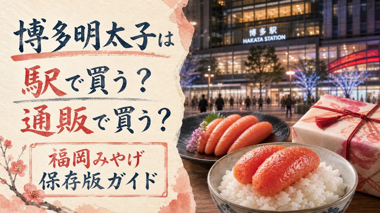 博多明太子を駅で買うか通販で買うかを比較する年号なし水彩アイキャッチ
