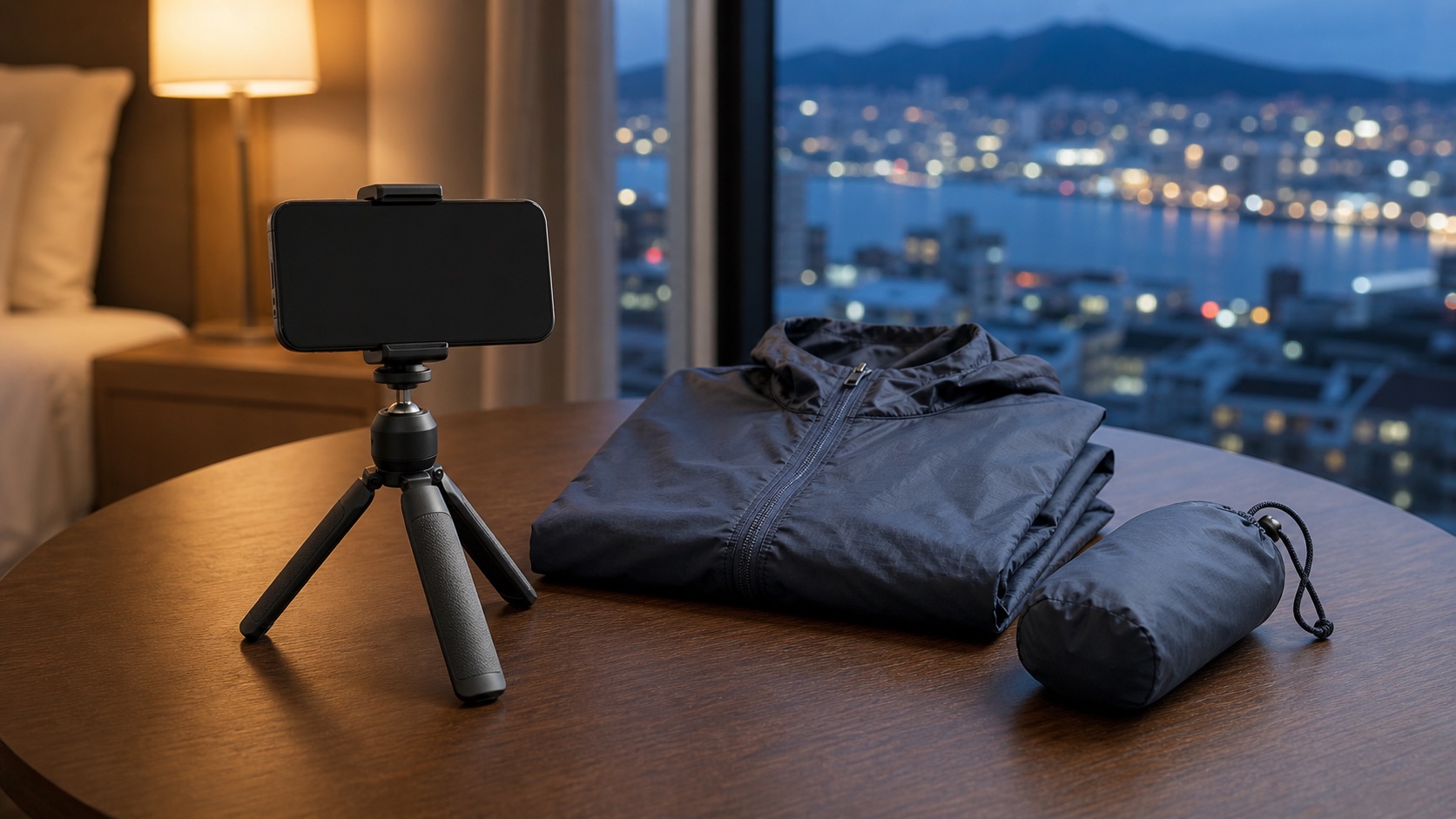 函館の夜景旅行向けスマートフォン用ミニ三脚と収納しやすい軽量アウターの比較イメージ