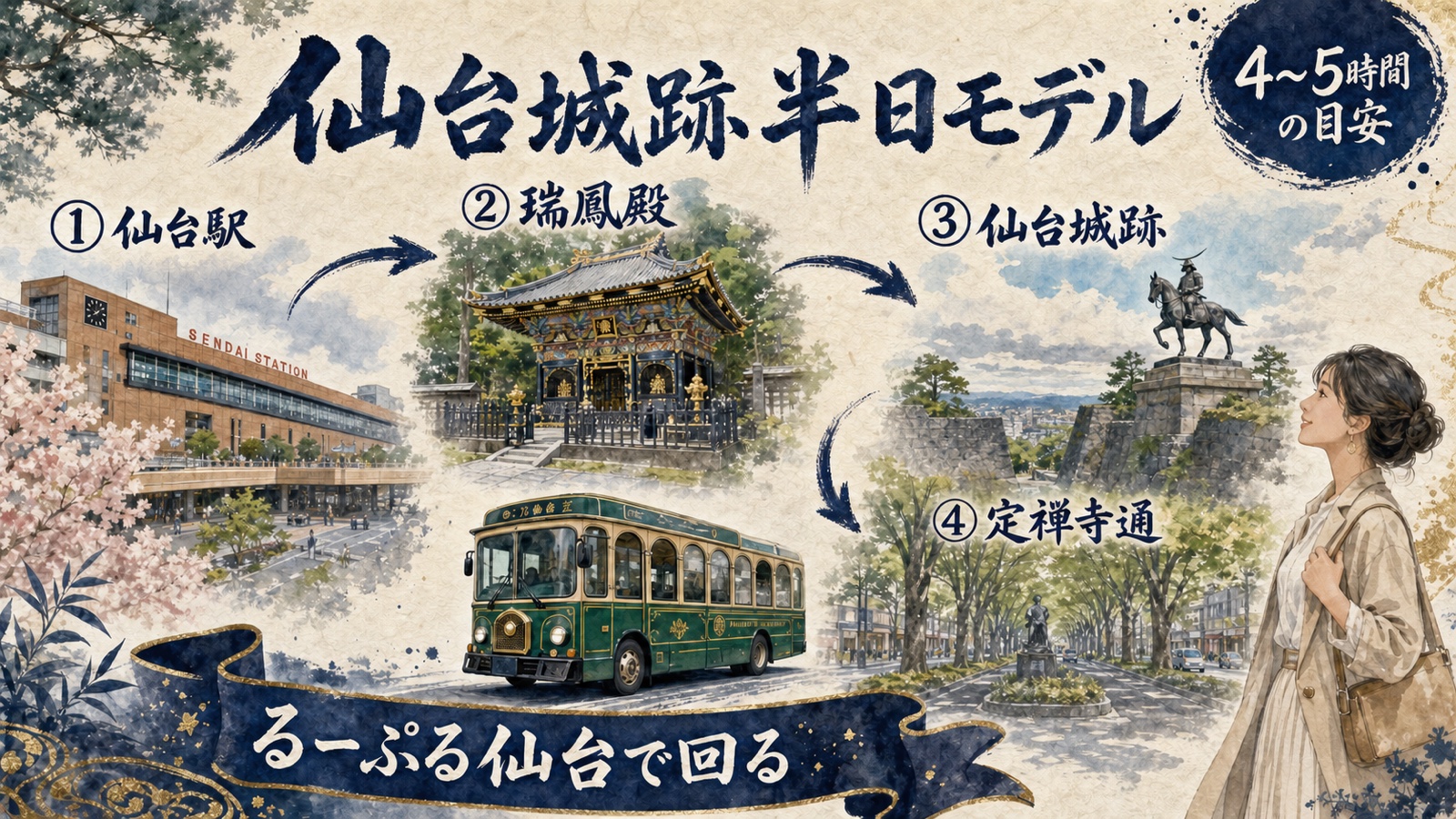 仙台駅から瑞鳳殿、仙台城跡、定禅寺通をるーぷる仙台で回る4〜5時間の半日モデル