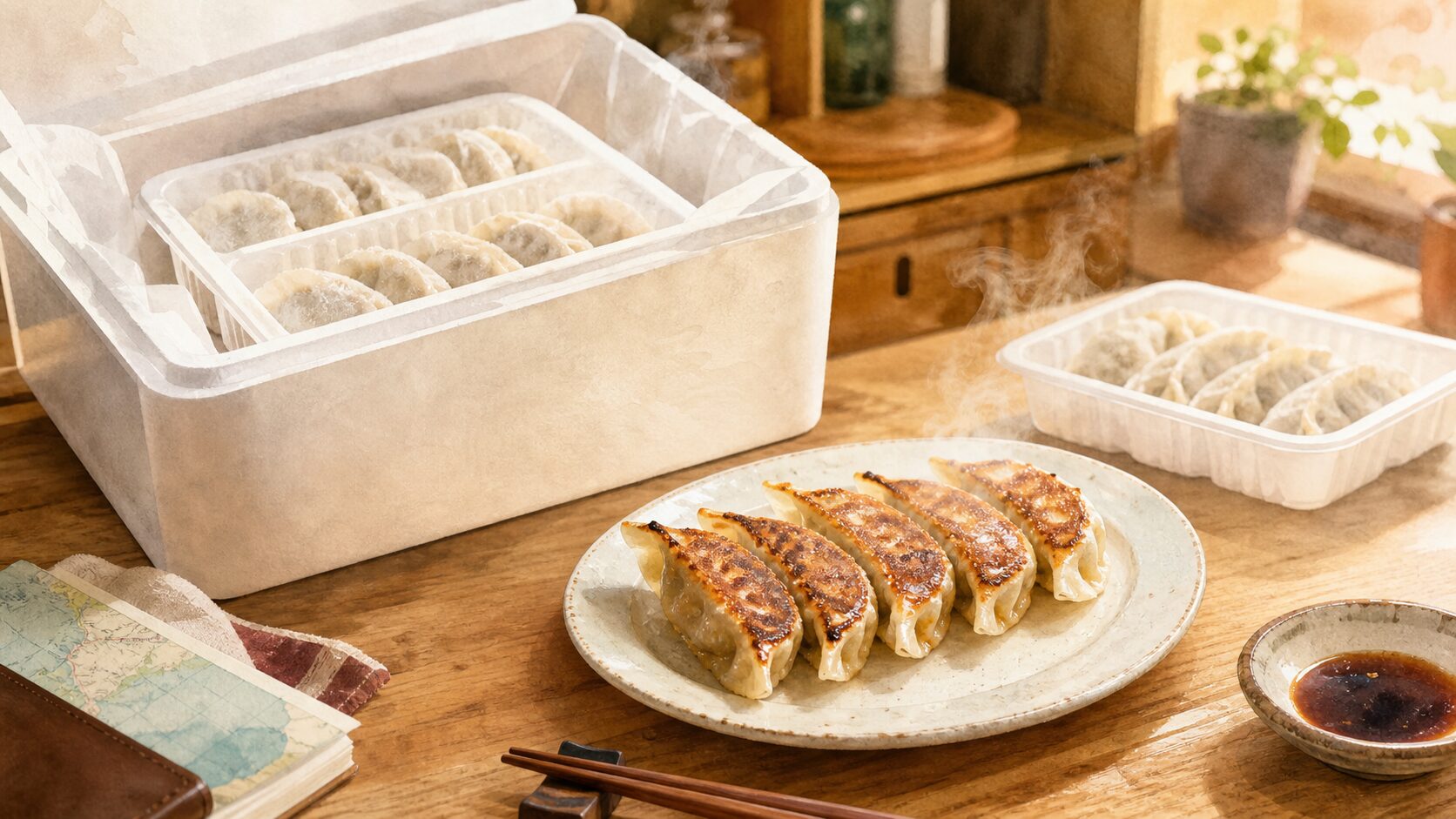 通販で届いた冷凍餃子を家で焼いて楽しむイメージ