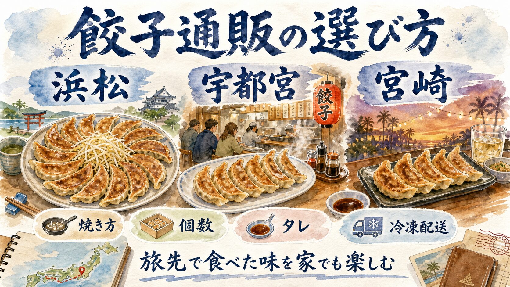 浜松宇都宮宮崎のご当地餃子通販の選び方を示す筆文字水彩イメージ