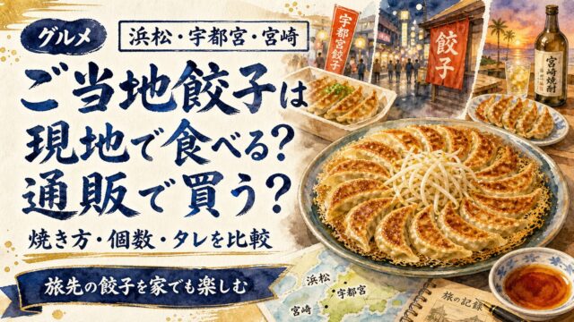 浜松餃子を現地で食べるか通販で買うかを比較する筆文字水彩アイキャッチ
