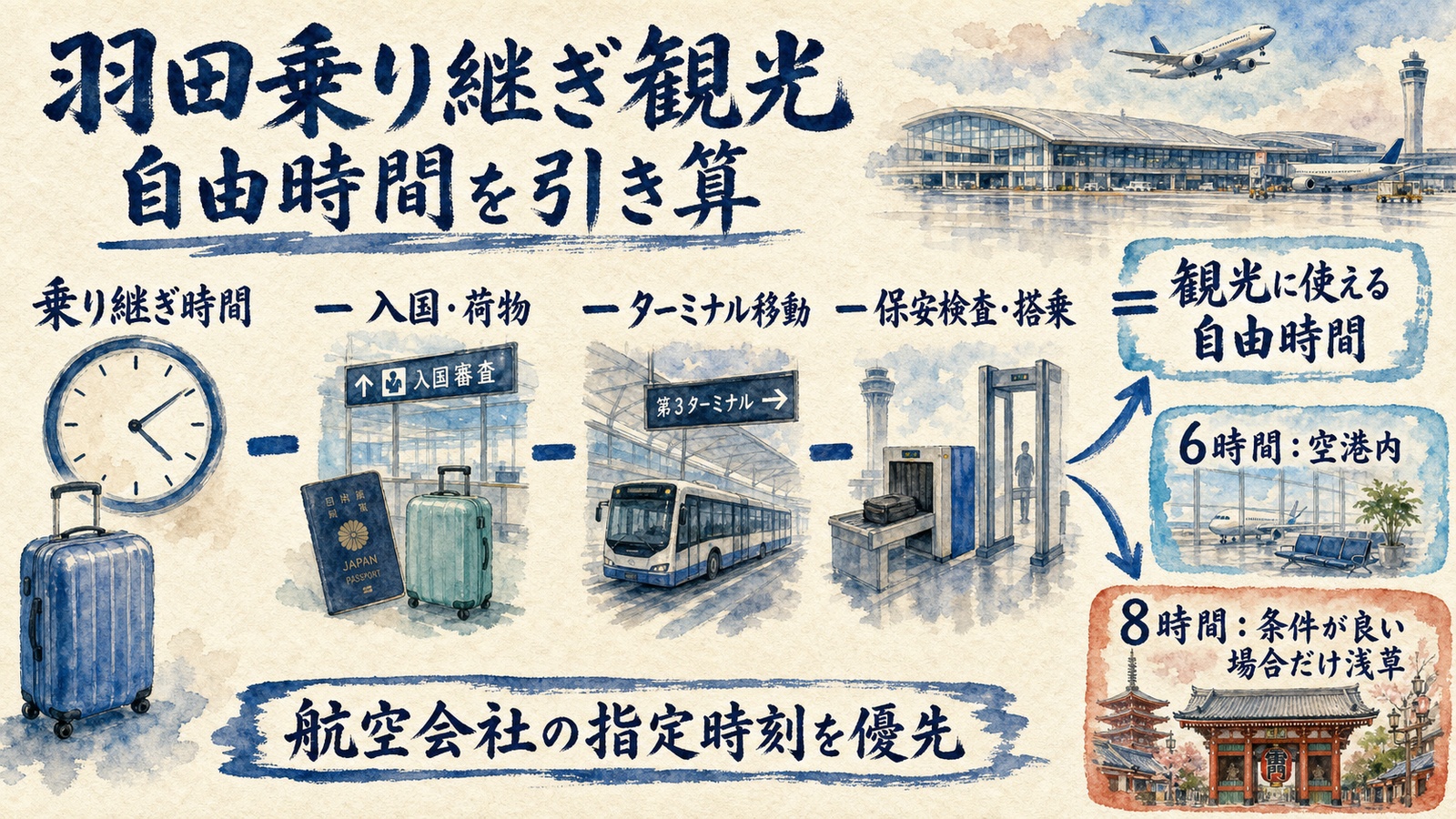 乗り継ぎ時間から入国・荷物・ターミナル移動・保安検査を引いて自由時間を判断する水彩インフォグラフ