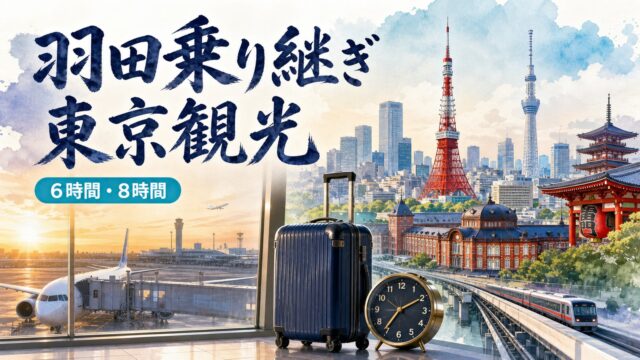 羽田空港の乗り継ぎで6時間8時間の東京観光を検討する飛行機と時計と東京の景色
