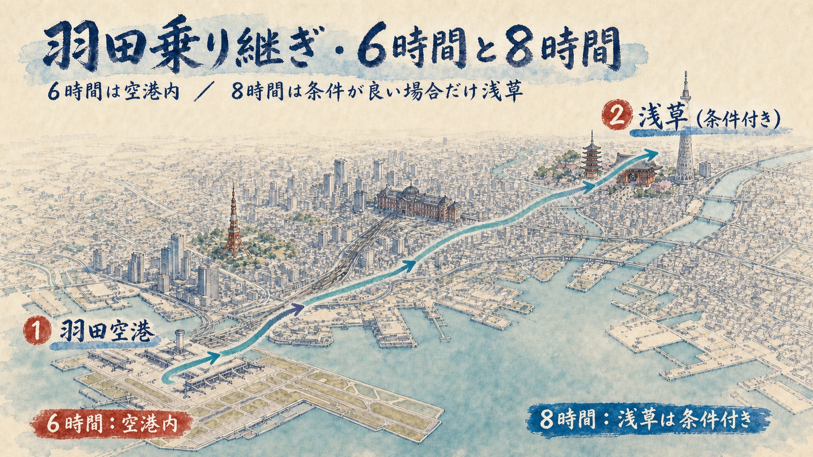 自然な水彩矢印で示した羽田乗り継ぎ6時間は空港内で8時間は条件付きで浅草へ向かうマップ