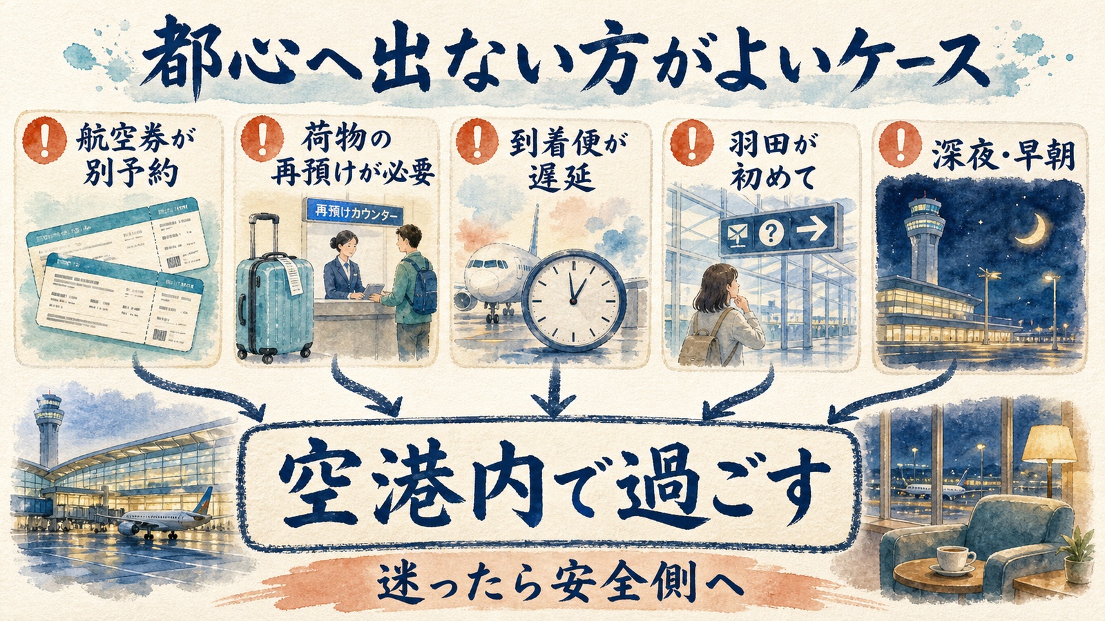 別予約・荷物再預け・到着遅延・羽田が初めて・深夜早朝なら空港内で過ごす水彩インフォグラフ