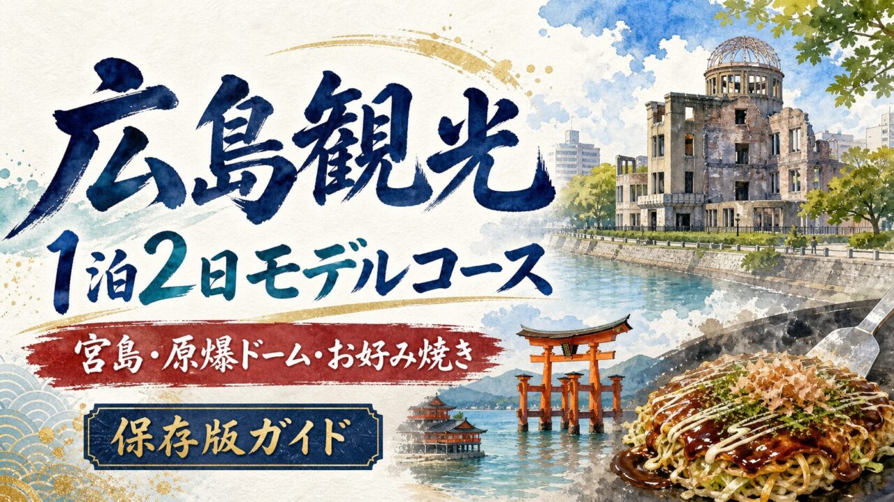 広島観光1泊2日モデルコースを案内する年号なし水彩アイキャッチ