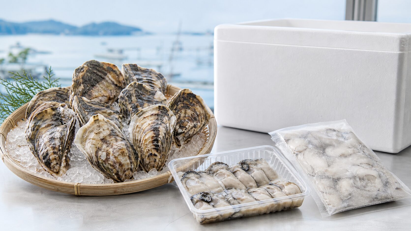 殻付き牡蠣 むき身牡蠣 冷凍牡蠣 無地の配送箱を並べた通販比較イメージ