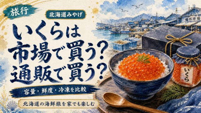 北海道いくらを市場で買うか通販で買うか比較する筆文字水彩アイキャッチ